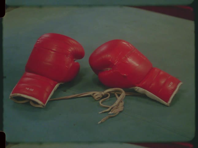 A still shot of two red boxing gloves with laces resting on the blue canvas of a boxing ring