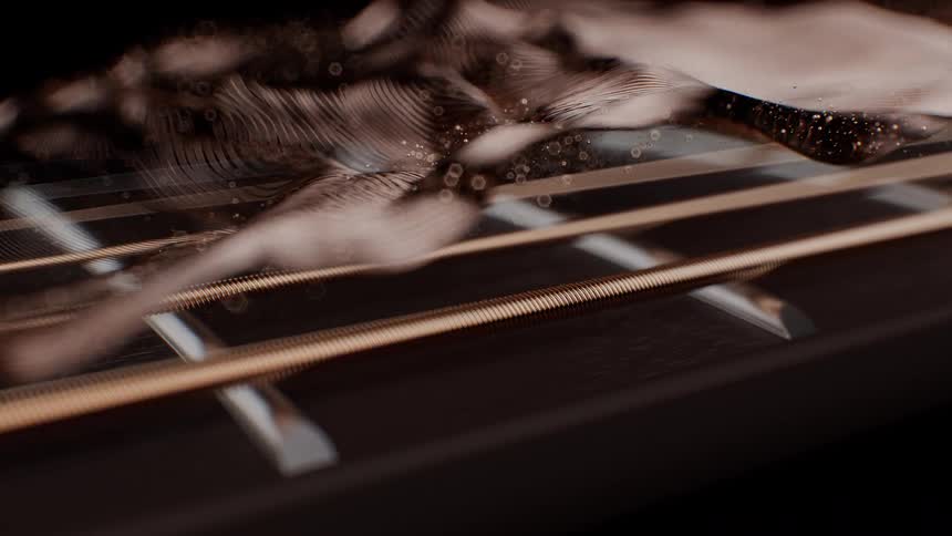 Elegant abstract particle waves flow over the strings of a guitar fretboard in a mesmerizing animation