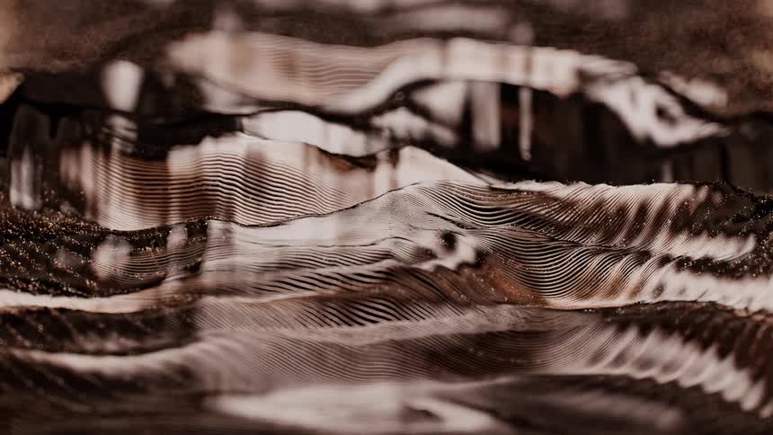 A mesmerizing digital landscape of flowing brown and black lines and particles undulates in a seamless loop