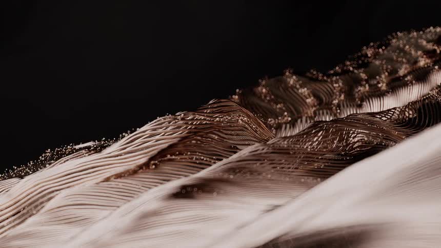 An abstract landscape of flowing bronze lines and glowing particles undulates gracefully against a dark background