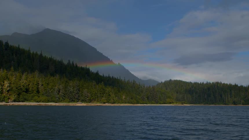 A beautiful rainbow appears over a tranquil lake and evergreen forest with misty mountains in the distance