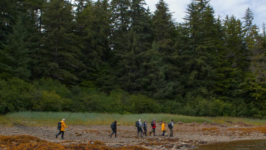 A group of hikers led by a guide explores the rocky shoreline of a remote island with a dense forest in the background