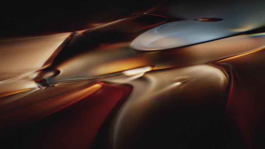 Slowly morphing abstract shapes create a glossy, liquid-like surface with warm, metallic tones
