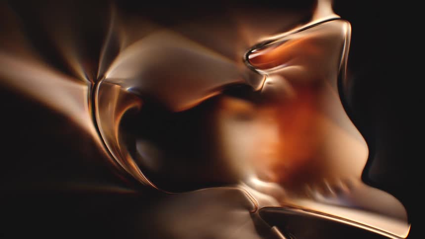 An elegant abstract animation of a slowly morphing liquid metal object with warm, soft lighting on a black background
