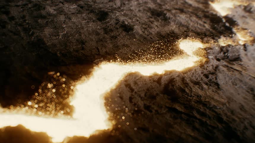 A fiery ember slowly burns a glowing path across a dark, textured surface in an abstract macro shot