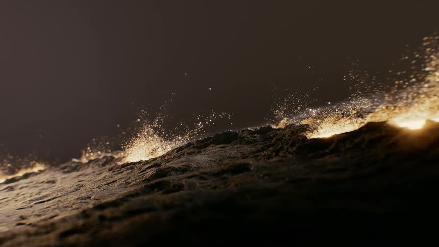 Abstract close-up of a glowing, sparkling chemical reaction on a dark surface in slow motion