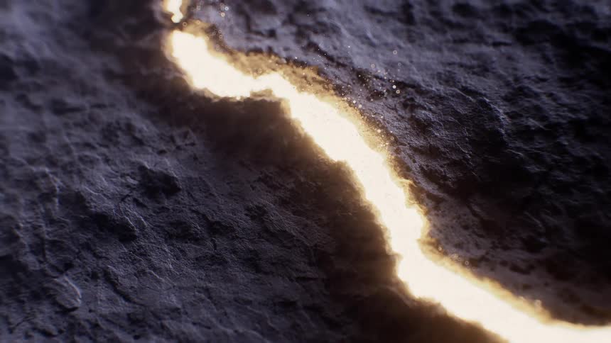 A glowing fissure of golden light with floating particles cuts through a dark, textured rock surface