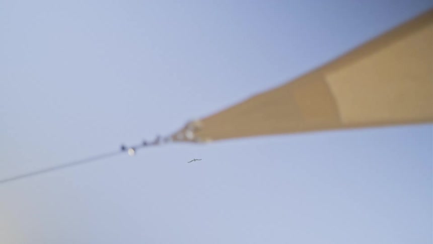 A lone seagull soars peacefully across a hazy blue sky in slow motion