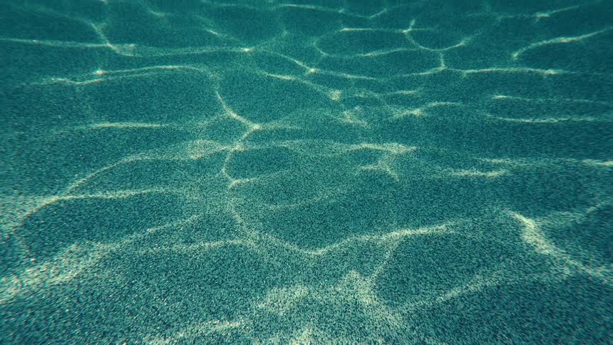 Sunlight creates a serene dance of shimmering caustics on the sandy bottom of the ocean floor