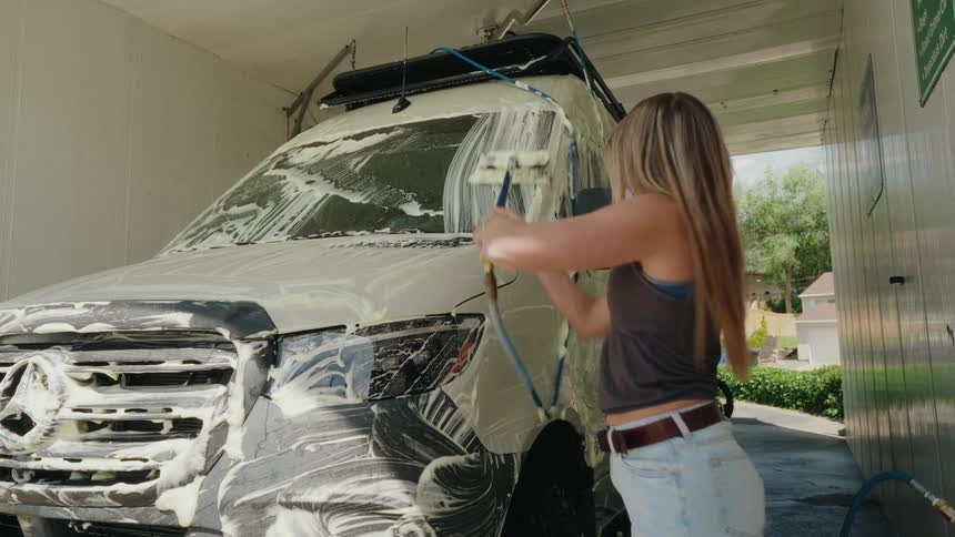 A young woman diligently scrubs her sudsy camper van with a long brush at a self-service car wash on a sunny day