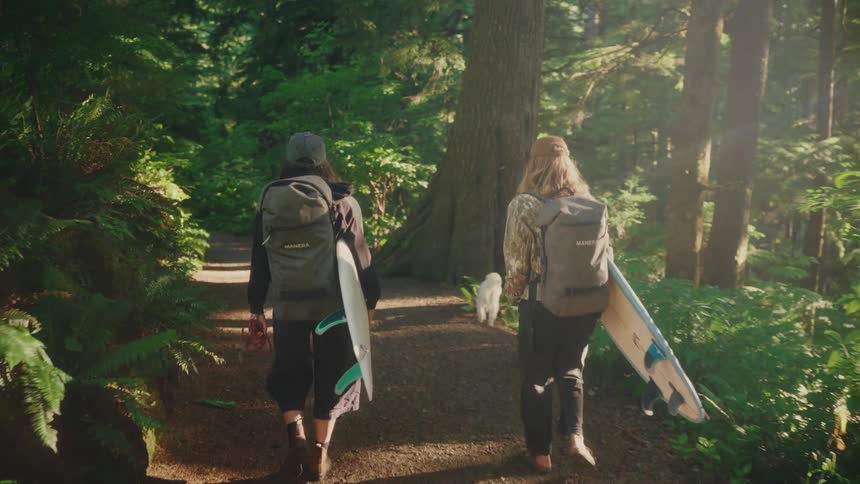 Two adventurous surfers and their dog walk with their surfboards down a sunlit forest trail on their way to the beach