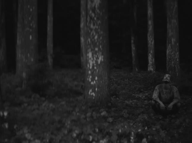 A still, grainy black and white shot of a man squatting alone in a dark and eerie forest