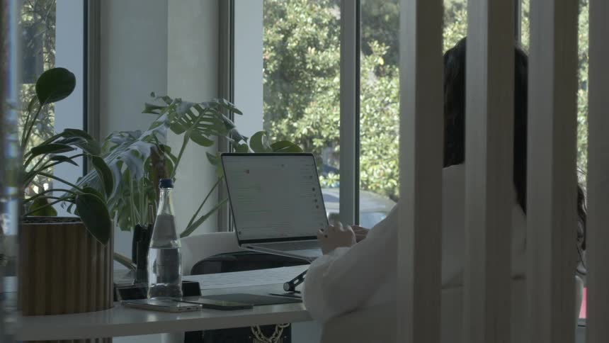 A woman works on her laptop at a desk in a modern, sunlit office space with plants and a large window