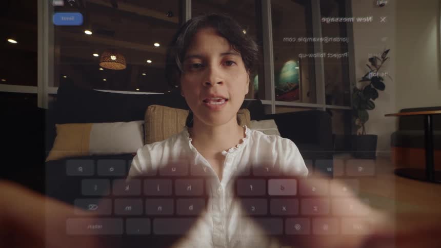 First-person view of a woman using a futuristic transparent interface to type an email on a virtual keyboard