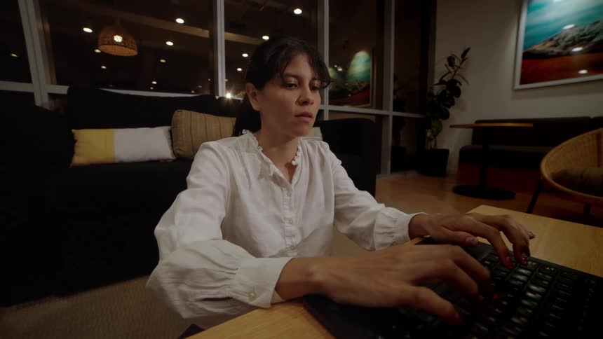 A focused woman types diligently on her laptop keyboard while working from home late at night