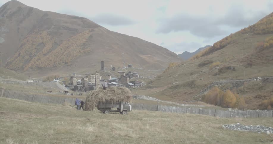 Two farmers load hay onto a truck in a rural field with the historic mountain village of Ushguli, Georgia in the background