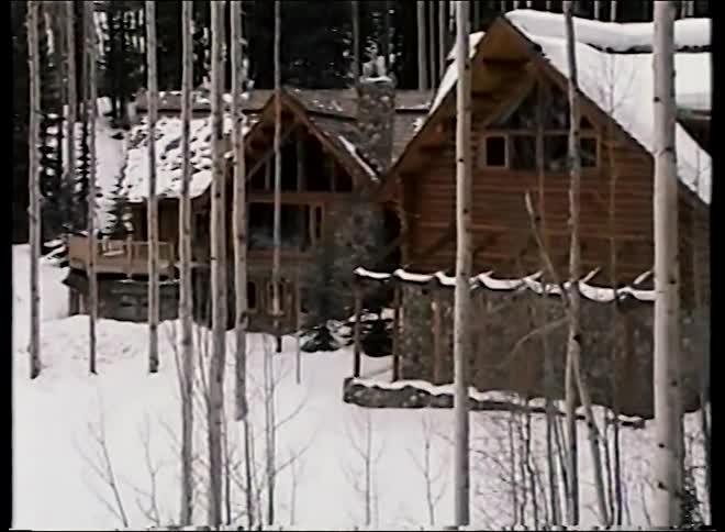 A moving view through leafless aspen trees reveals a luxurious log cabin mansion covered in snow in a secluded mountain forest