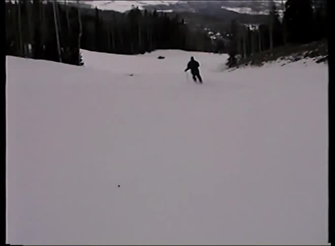 A POV shot follows a skier down a wide, snowy mountain run surrounded by trees on an overcast day