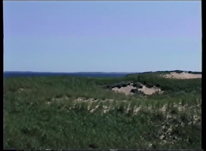 Vintage footage pans slowly across coastal sand dunes covered in green grass, with the ocean visible in the background