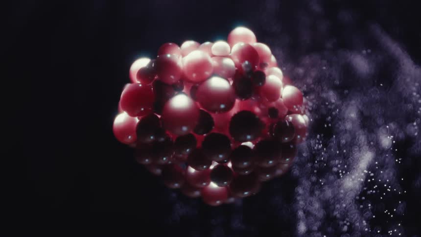 A mesmerizing abstract animation of a red and white molecular cluster gently pulsating in a dark, particle-filled void