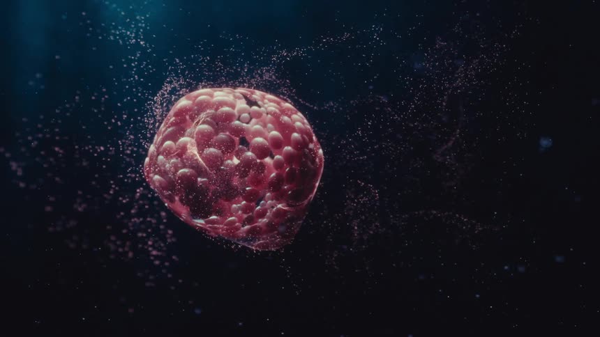 An abstract red cellular organism pulsating and floating in a dark, particle-filled environment