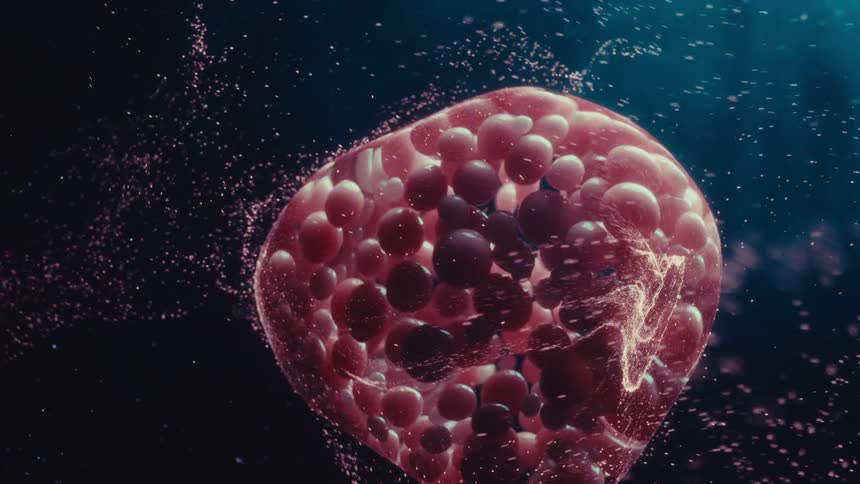 A microscopic view of an abstract red cellular organism pulsating and floating in a dark, particle-filled environment