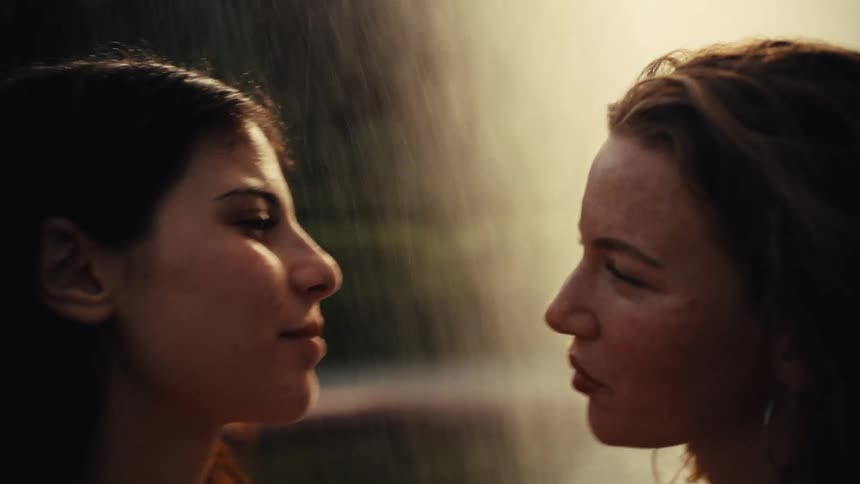 An intimate slow-motion close-up captures two women laughing joyfully together as they are sprayed by a fountain