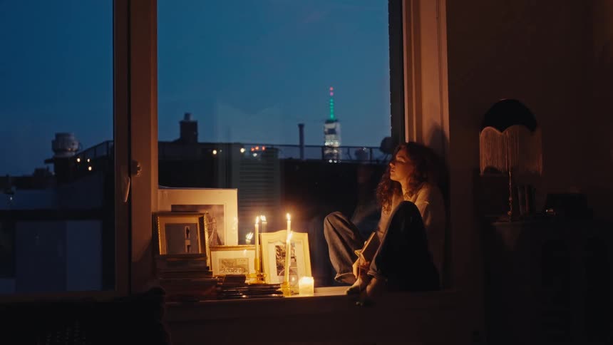 A young woman with curly hair reads a book by candlelight on a windowsill, then gazes thoughtfully at the city skyline at night
