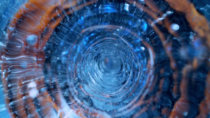 A mesmerizing blue and orange liquid whirlpool swirls in a continuous, hypnotic vortex