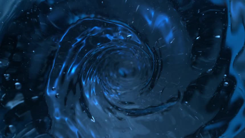 A mesmerizing top-down slow-motion view of a powerful vortex swirling in deep blue liquid