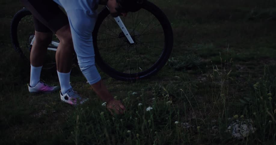 A cyclist in full gear walks with his bike through a beautiful mountain valley and picks wildflowers
