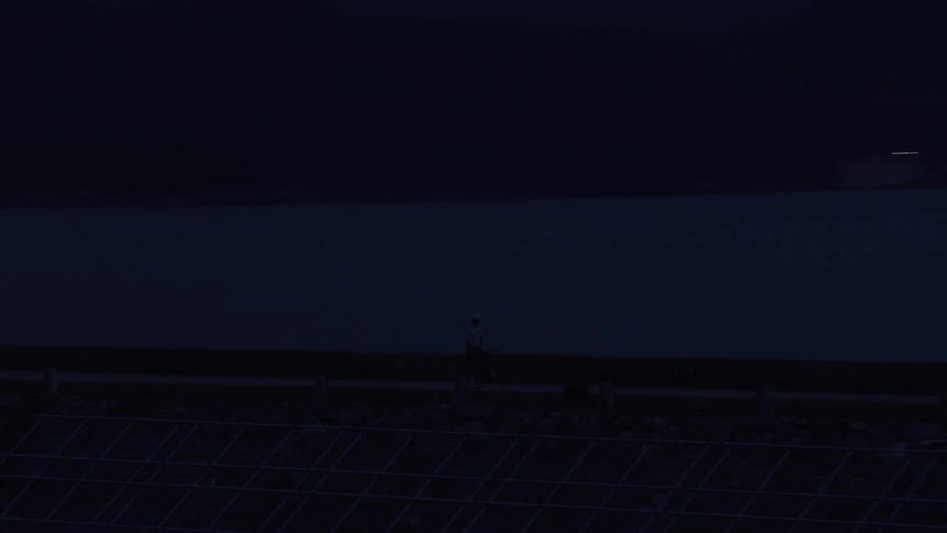 A silhouetted person walks their dog along a path next to a lake at night
