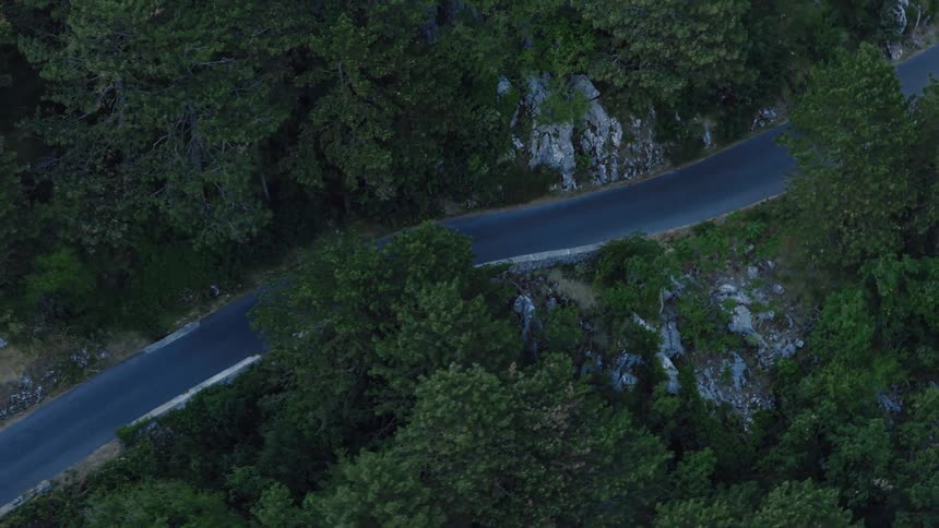 A drone follows a lone cyclist as they navigate a winding mountain road surrounded by a dense, dark green forest