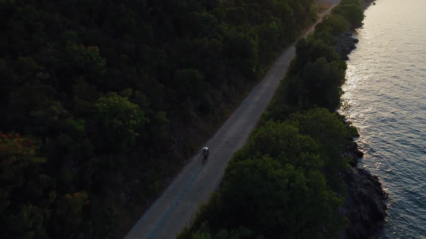 An aerial view shows a lone cyclist riding along a scenic coastal road between a lush forest and the calm sea at sunset