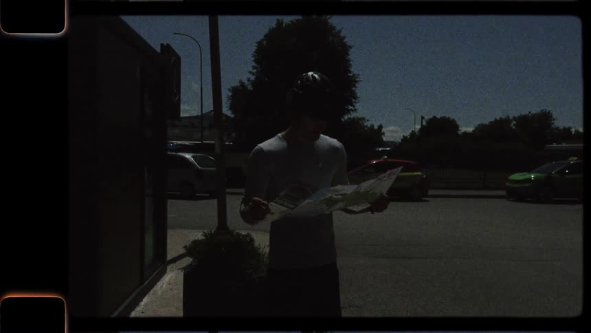 Vintage-style footage of a young cyclist in a helmet carefully studying a tourist map on a sunny street