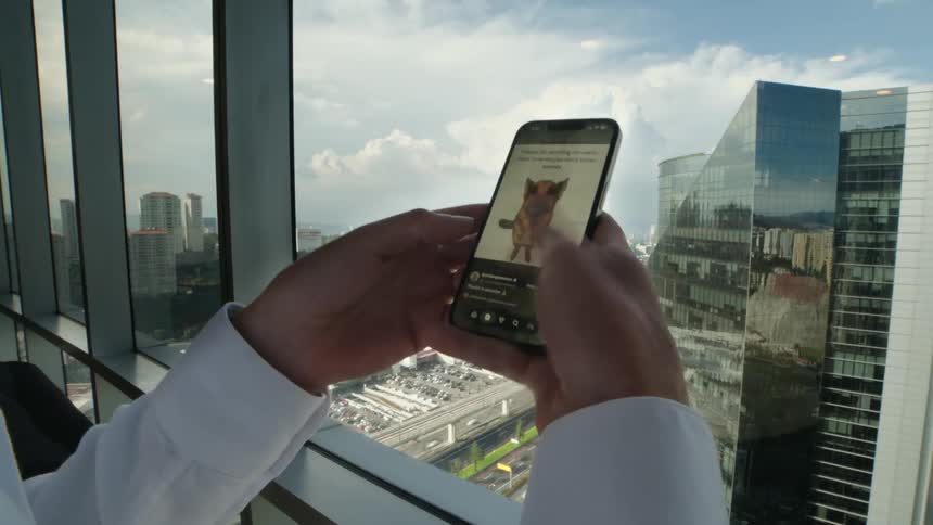 A man in a white shirt scrolls through his smartphone in a high-rise office with a modern city view