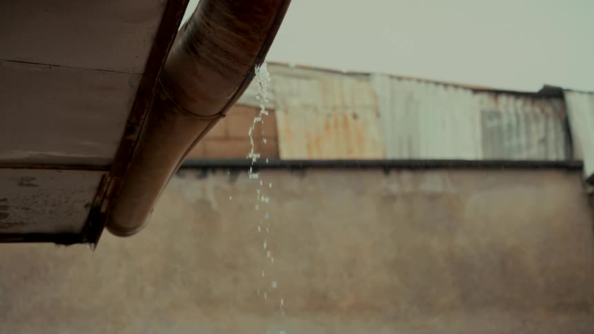 Slow motion close-up of rainwater dripping from a rusty old roof gutter on a gloomy day