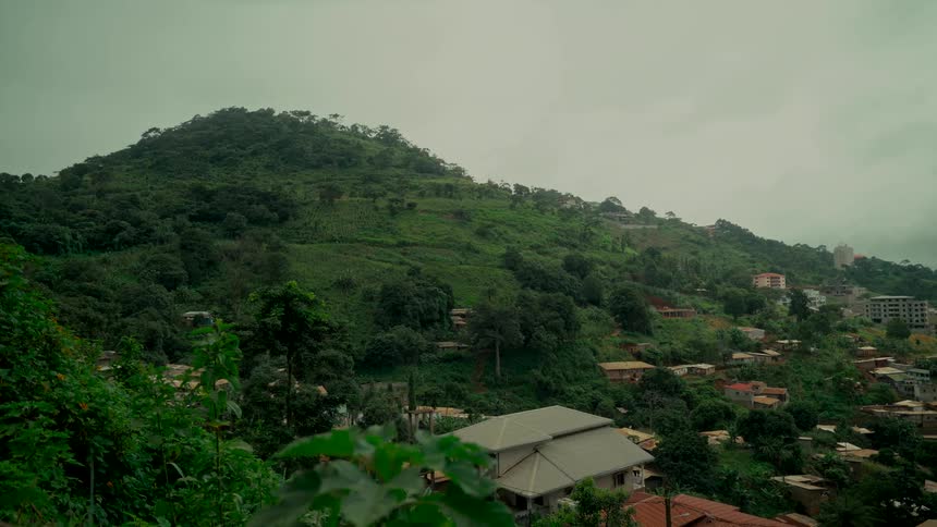 A wide scenic view of a village nestled into a lush, tree-covered hillside on an overcast day