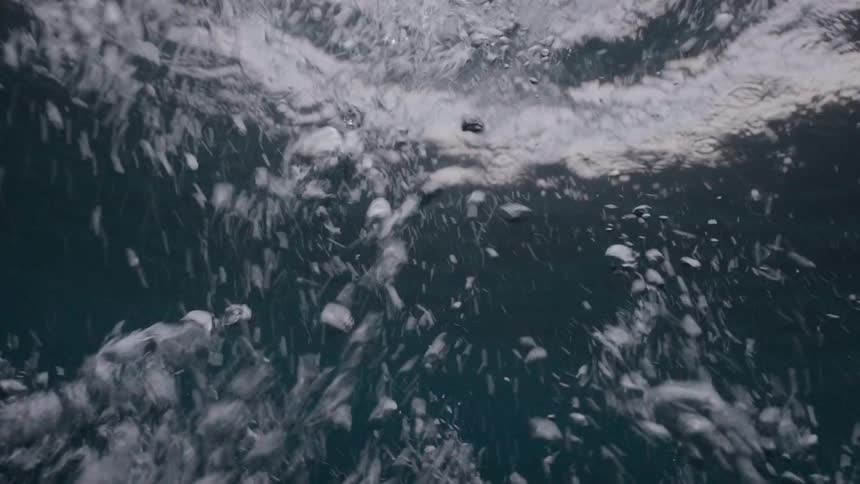 An immersive underwater view captures the chaotic swirl of air bubbles rising through dark water in slow motion