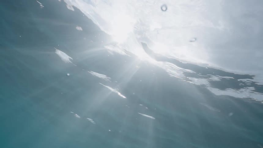 Sunbeams dance through the rippling surface of the clear blue water in a peaceful underwater scene