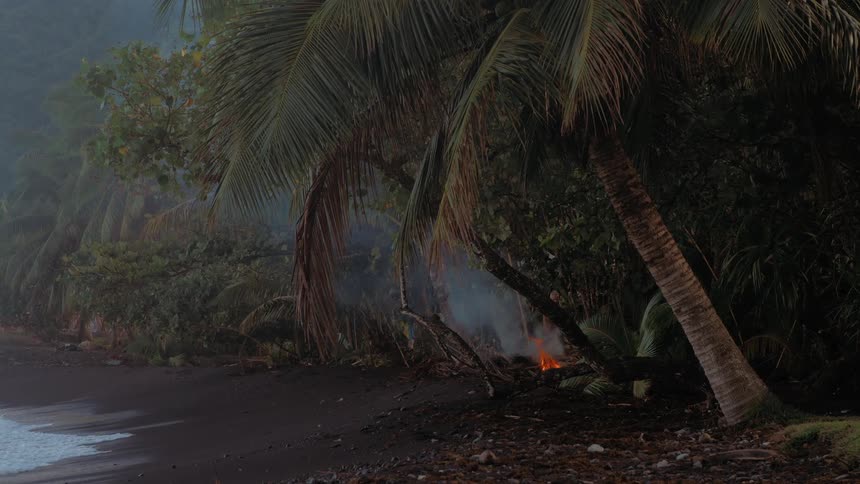 A campfire burns on a desolate black sand beach where the misty jungle meets the sea
