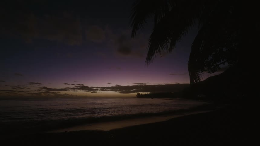 A serene tropical beach is silhouetted against a beautiful purple and yellow sky at dusk as waves gently roll onto the shore