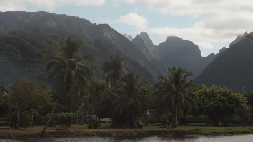 A picturesque lakeside park with palm trees offers a tranquil view of the majestic, cloud-covered mountains of a tropical island