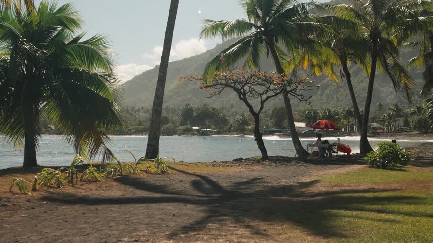 A picturesque tropical bay is framed by palm trees as people relax under a red umbrella on a sunny day