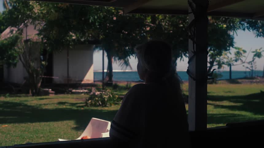 A woman in silhouette stands on a porch, looking out at a tropical yard with the ocean in the background
