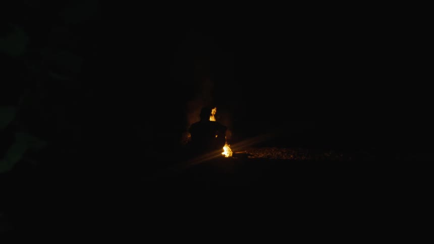 Slow dolly-in from behind bushes reveals a silhouetted person sitting in front of a campfire at night