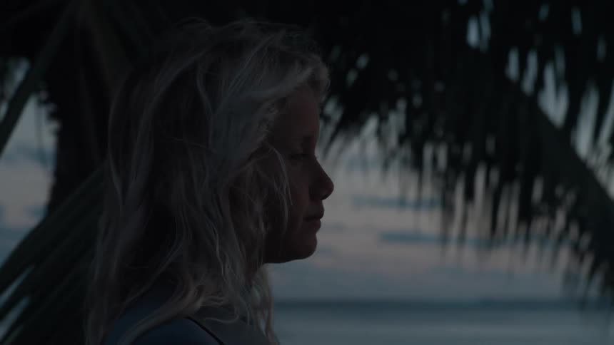 A young surfer with wavy blonde hair stands by a palm tree, looking out at the ocean during a calm twilight
