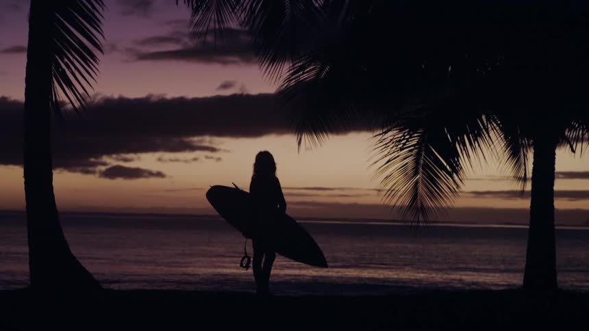 Cinemagraph of a silhouetted surfer holding a board between two palm trees and watching the calm ocean during a purple sunset
