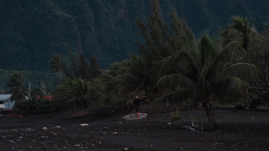 A surfer with his surfboard stands on a dark, windy volcanic sand beach at dusk with palm trees and mountains in the background
