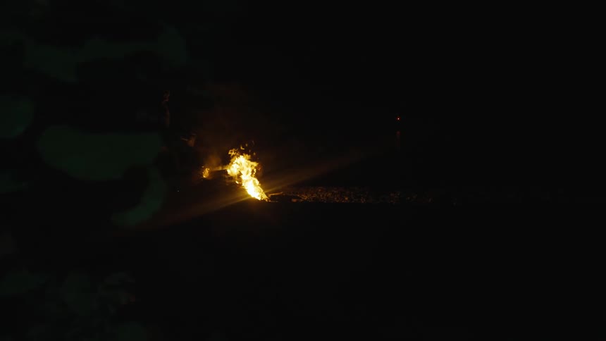 A bonfire on a dark beach is slowly revealed from behind silhouetted leaves as a lone figure tends to the flames